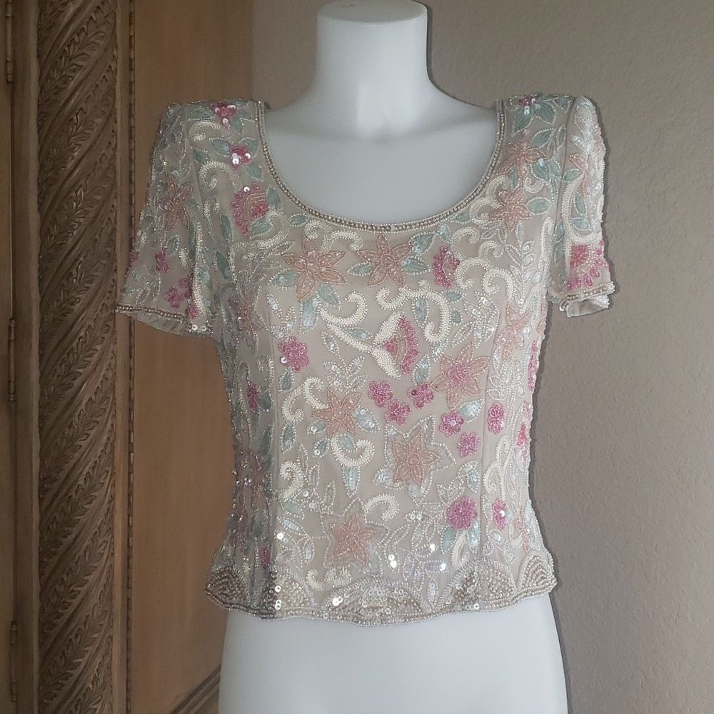 Adrianna Papell Silk Floral Sequin Embroidered Special Occasion Blouse